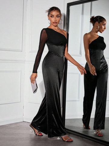 1pc Sexy Mesh Patchwork Asymmetric Sleeve Formal Jumpsuit For Women 1pc Sexy Mesh Patchwork Asymmetric Sleeve Formal Jumpsuit For Women