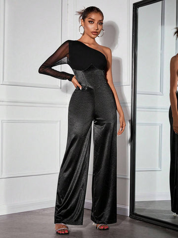 1pc Sexy Mesh Patchwork Asymmetric Sleeve Formal Jumpsuit For Women 1pc Sexy Mesh Patchwork Asymmetric Sleeve Formal Jumpsuit For Women