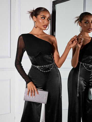 1pc Sexy Mesh Patchwork Asymmetric Sleeve Formal Jumpsuit For Women 1pc Sexy Mesh Patchwork Asymmetric Sleeve Formal Jumpsuit For Women