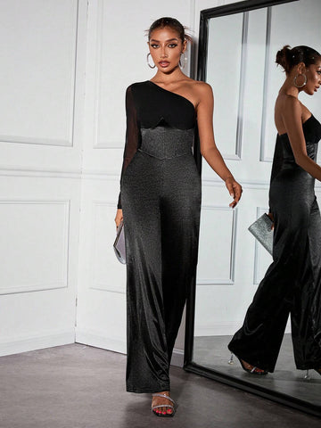 1pc Sexy Mesh Patchwork Asymmetric Sleeve Formal Jumpsuit For Women 1pc Sexy Mesh Patchwork Asymmetric Sleeve Formal Jumpsuit For Women