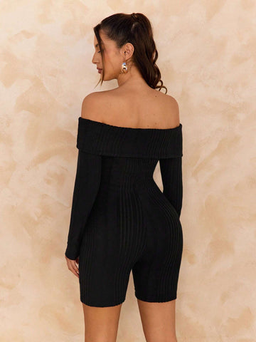 1pc Solid Color Off-Shoulder Romper Shorts, For Spring & Autumn 1pc Solid Color Off-Shoulder Romper Shorts, For Spring & Autumn