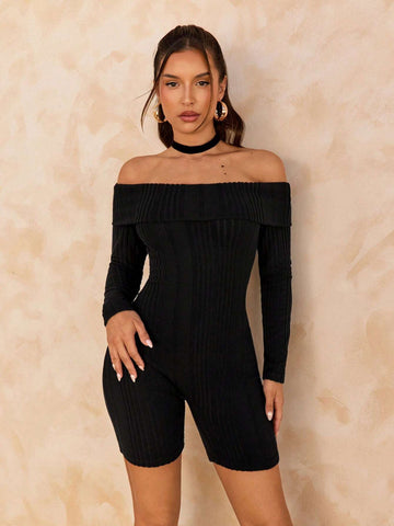 1pc Solid Color Off-Shoulder Romper Shorts, For Spring & Autumn 1pc Solid Color Off-Shoulder Romper Shorts, For Spring & Autumn