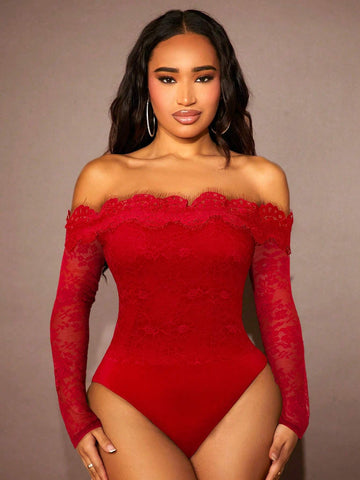1pc Women's Solid Color Off-Shoulder Long Sleeve Lace Bodysuit, Fashionable And Elegant 1pc Women's Solid Color Off-Shoulder Long Sleeve Lace Bodysuit, Fashionable And Elegant