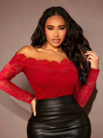 1pc Women's Solid Color Off-Shoulder Long Sleeve Lace Bodysuit, Fashionable And Elegant 1pc Women's Solid Color Off-Shoulder Long Sleeve Lace Bodysuit, Fashionable And Elegant