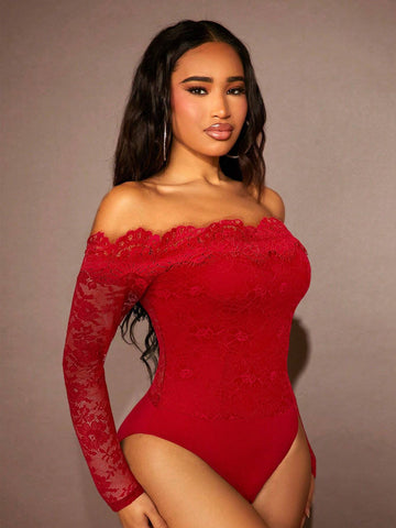 1pc Women's Solid Color Off-Shoulder Long Sleeve Lace Bodysuit, Fashionable And Elegant 1pc Women's Solid Color Off-Shoulder Long Sleeve Lace Bodysuit, Fashionable And Elegant