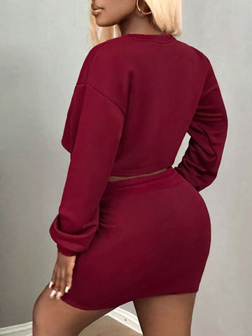 2 Piece Women Casual Homewear Sweatshirt And Mini Skirt Set, Autumn 2 Piece Women Casual Homewear Sweatshirt And Mini Skirt Set, Autumn