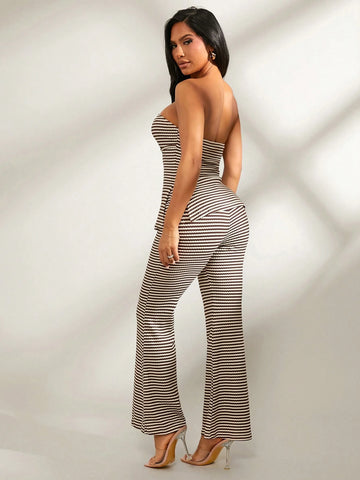 2pcs/Set Comfortable Casual Home Outfit - Beige Stripe Knitted Camisole Top & Slim Flared Pants, Autumn/Winter 2pcs/Set Comfortable Casual Home Outfit - Beige Stripe Knitted Camisole Top & Slim Flared Pants, Autumn/Winter