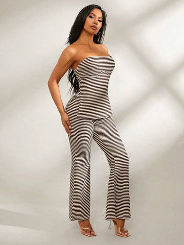 2pcs/Set Comfortable Casual Home Outfit - Beige Stripe Knitted Camisole Top & Slim Flared Pants, Autumn/Winter 2pcs/Set Comfortable Casual Home Outfit - Beige Stripe Knitted Camisole Top & Slim Flared Pants, Autumn/Winter