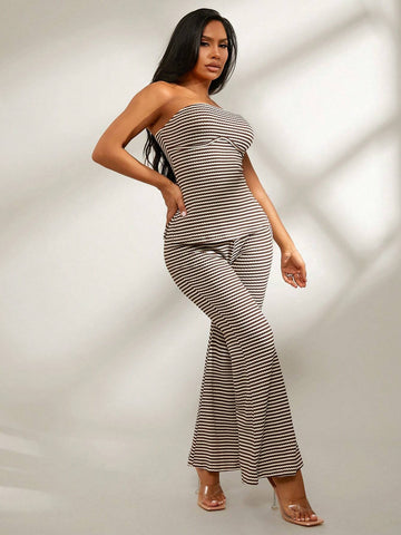 2pcs/Set Comfortable Casual Home Outfit - Beige Stripe Knitted Camisole Top & Slim Flared Pants, Autumn/Winter 2pcs/Set Comfortable Casual Home Outfit - Beige Stripe Knitted Camisole Top & Slim Flared Pants, Autumn/Winter