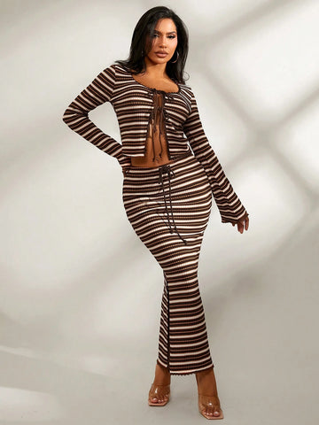 2pcs/Set Comfy Casual Home & Outdoor Colorful Knitted Striped Outfit, Long Sleeve Drawstring Top & Low-Waist Long Skirt, Autumn/Winter 2pcs/Set Comfy Casual Home & Outdoor Colorful Knitted Striped Outfit, Long Sleeve Drawstring Top & Low-Waist Long Skirt, Autumn/Winter