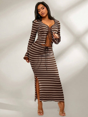 2pcs/Set Comfy Casual Home & Outdoor Colorful Knitted Striped Outfit, Long Sleeve Drawstring Top & Low-Waist Long Skirt, Autumn/Winter 2pcs/Set Comfy Casual Home & Outdoor Colorful Knitted Striped Outfit, Long Sleeve Drawstring Top & Low-Waist Long Skirt, Autumn/Winter