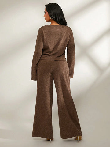 2pcs Set Brown Comfortable Casual Home Outfit, Long Sleeve Cardigan + Wide Leg Low Waist Pants, Autumn/Winter 2pcs Set Brown Comfortable Casual Home Outfit, Long Sleeve Cardigan + Wide Leg Low Waist Pants, Autumn/Winter