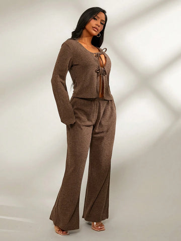 2pcs Set Brown Comfortable Casual Home Outfit, Long Sleeve Cardigan + Wide Leg Low Waist Pants, Autumn/Winter 2pcs Set Brown Comfortable Casual Home Outfit, Long Sleeve Cardigan + Wide Leg Low Waist Pants, Autumn/Winter