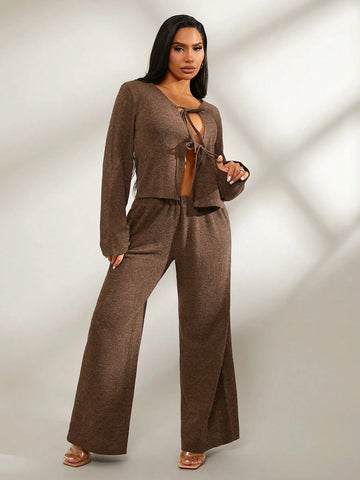 2pcs Set Brown Comfortable Casual Home Outfit, Long Sleeve Cardigan + Wide Leg Low Waist Pants, Autumn/Winter 2pcs Set Brown Comfortable Casual Home Outfit, Long Sleeve Cardigan + Wide Leg Low Waist Pants, Autumn/Winter