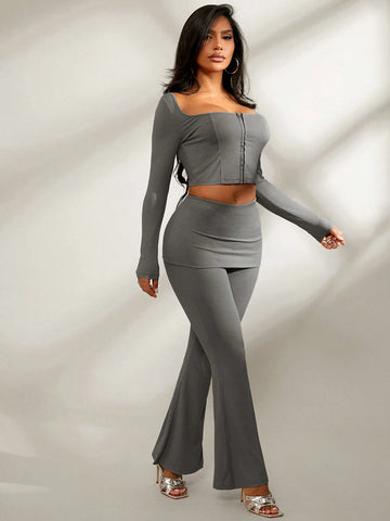 2pcs Set: Comfortable Casual Solid Gray Long Sleeve Square Neck Tight Fit Crop Top + Fold-Over Waist Flare Leg Pants, Suitable For Spring, Autumn & Winter 2pcs Set: Comfortable Casual Solid Gray Long Sleeve Square Neck Tight Fit Crop Top + Fold-Over Waist Flare Leg Pants, Suitable For Spring, Autumn & Winter