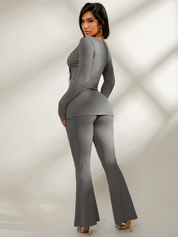 2pcs Set: Comfortable Casual Solid Gray Long Sleeve Square Neck Tight Fit Crop Top + Fold-Over Waist Flare Leg Pants, Suitable For Spring, Autumn & Winter 2pcs Set: Comfortable Casual Solid Gray Long Sleeve Square Neck Tight Fit Crop Top + Fold-Over Waist Flare Leg Pants, Suitable For Spring, Autumn & Winter