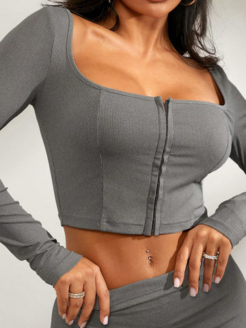 2pcs Set: Comfortable Casual Solid Gray Long Sleeve Square Neck Tight Fit Crop Top + Fold-Over Waist Flare Leg Pants, Suitable For Spring, Autumn & Winter 2pcs Set: Comfortable Casual Solid Gray Long Sleeve Square Neck Tight Fit Crop Top + Fold-Over Waist Flare Leg Pants, Suitable For Spring, Autumn & Winter