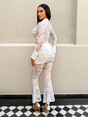 2pcs Women Long Sleeve Lace Patchwork Blouse And Pants Set 2pcs Women Long Sleeve Lace Patchwork Blouse And Pants Set