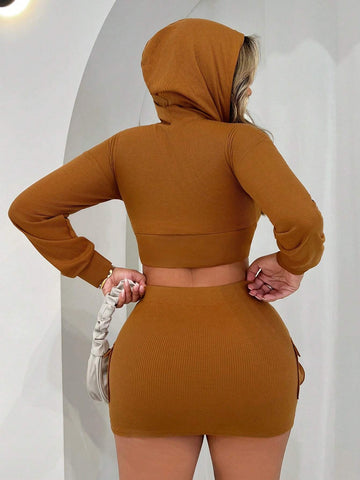 2pcs Women Solid Color Zip Front Hooded Sweatshirt And Mini Skirt Set, Spring/Autumn, Fall Two Piece Outfit 2pcs Women Solid Color Zip Front Hooded Sweatshirt And Mini Skirt Set, Spring/Autumn, Fall Two Piece Outfit