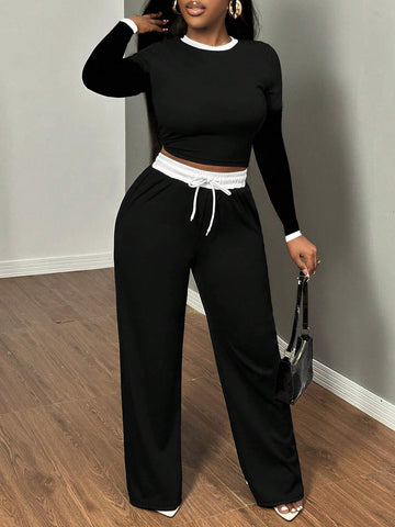 2pcs Women's Fall Contrast Trim Fitted Long Sleeve Top And Pants Set 2pcs Women's Fall Contrast Trim Fitted Long Sleeve Top And Pants Set