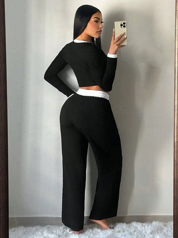 2pcs Women's Fall Contrast Trim Fitted Long Sleeve Top And Pants Set 2pcs Women's Fall Contrast Trim Fitted Long Sleeve Top And Pants Set