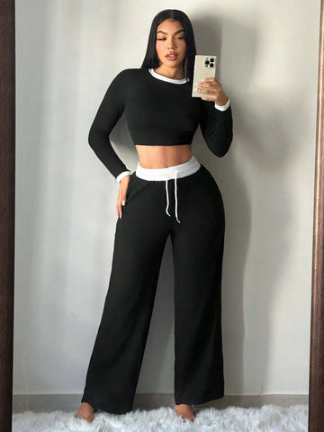 2pcs Women's Fall Contrast Trim Fitted Long Sleeve Top And Pants Set 2pcs Women's Fall Contrast Trim Fitted Long Sleeve Top And Pants Set
