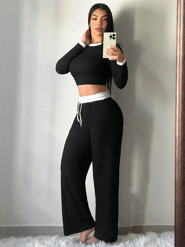 2pcs Women's Fall Contrast Trim Fitted Long Sleeve Top And Pants Set 2pcs Women's Fall Contrast Trim Fitted Long Sleeve Top And Pants Set