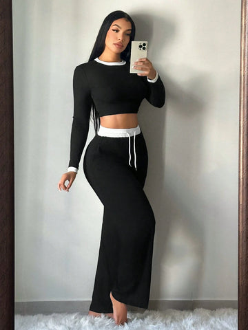 2pcs Women's Fall Contrast Trim Fitted Long Sleeve Top And Pants Set 2pcs Women's Fall Contrast Trim Fitted Long Sleeve Top And Pants Set