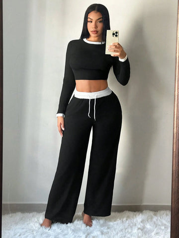 2pcs Women's Fall Contrast Trim Fitted Long Sleeve Top And Pants Set 2pcs Women's Fall Contrast Trim Fitted Long Sleeve Top And Pants Set