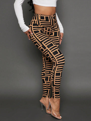 SXY Allover Print High Waist Leggings Irregular Waist Casual Pants SXY Allover Print High Waist Leggings Irregular Waist Casual Pants