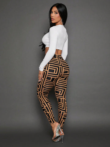 SXY Allover Print High Waist Leggings Irregular Waist Casual Pants SXY Allover Print High Waist Leggings Irregular Waist Casual Pants