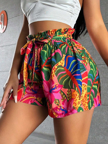 SXY Boho Tropical Plants & Animals Printed High Waist Shorts (With Belt) For Summer Holiday SXY Boho Tropical Plants & Animals Printed High Waist Shorts (With Belt) For Summer Holiday
