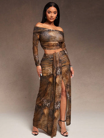 Brown Tie-Dye Snake Print Stretch Mesh Fabric Retraction One Line Collar Long Sleeve Top And Low Waist High Slit Skirt Two-Piece Set Brown Tie-Dye Snake Print Stretch Mesh Fabric Retraction One Line Collar Long Sleeve Top And Low Waist High Slit Skirt Two-Piece Set