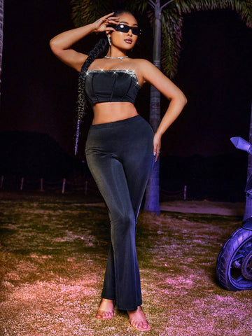 Crop Top And Flare Pants Set With Patchwork And Woven Strap Design Crop Top And Flare Pants Set With Patchwork And Woven Strap Design