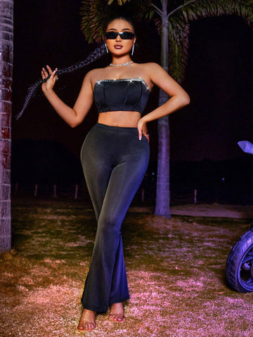 Crop Top And Flare Pants Set With Patchwork And Woven Strap Design Crop Top And Flare Pants Set With Patchwork And Woven Strap Design