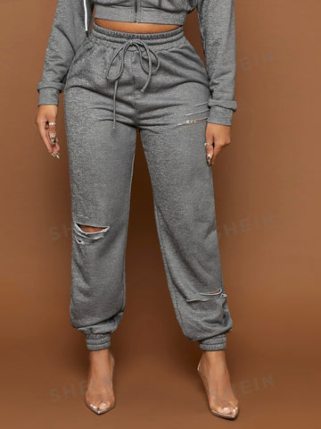 SXY Drawstring Waist Ripped Sweatpants SXY Drawstring Waist Ripped Sweatpants
