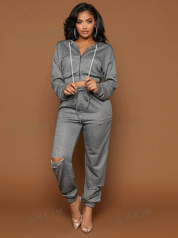 SXY Drawstring Waist Ripped Sweatpants SXY Drawstring Waist Ripped Sweatpants