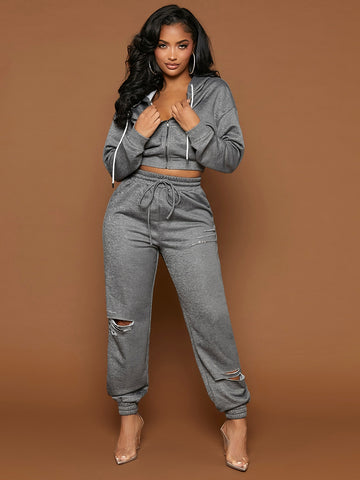 SXY Drawstring Waist Ripped Sweatpants SXY Drawstring Waist Ripped Sweatpants