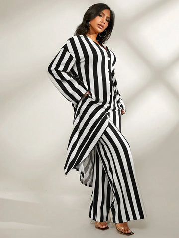 Fall Women Clothes;Extra Long Outer Robe With Long Sleeves And Stripes Black And White Comfortable Striped Trousers Daily Casual Two-Piece Set; Striped Set; Daily Comfort, Casual Warmth Fall Women Clothes;Extra Long Outer Robe With Long Sleeves And Stripes Black And White Comfortable Striped Trousers Daily Casual Two-Piece Set; Striped Set; Daily Comfort, Casual Warmth