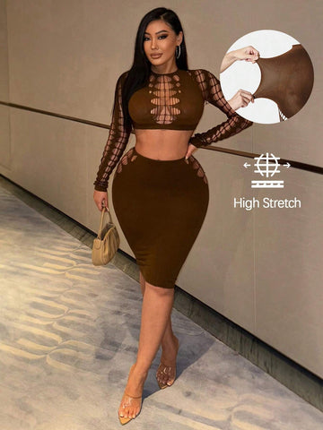 Fishing Net Segmentation High Elasticity Seamless Hollow Out Perspective T-Shirt And Skirt Set Fishing Net Segmentation High Elasticity Seamless Hollow Out Perspective T-Shirt And Skirt Set