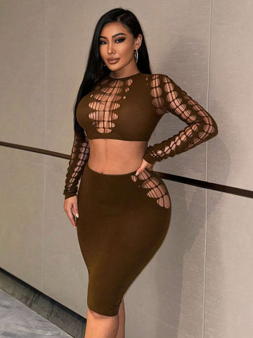 Fishing Net Segmentation High Elasticity Seamless Hollow Out Perspective T-Shirt And Skirt Set Fishing Net Segmentation High Elasticity Seamless Hollow Out Perspective T-Shirt And Skirt Set