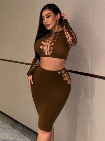 Fishing Net Segmentation High Elasticity Seamless Hollow Out Perspective T-Shirt And Skirt Set Fishing Net Segmentation High Elasticity Seamless Hollow Out Perspective T-Shirt And Skirt Set