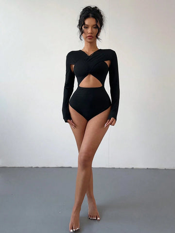 Fitted Sexy Black Long Sleeve Cross Hollow-Out Front Women Bodysuit Fitted Sexy Black Long Sleeve Cross Hollow-Out Front Women Bodysuit