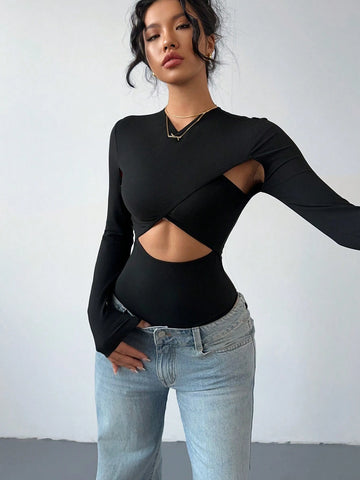Fitted Sexy Black Long Sleeve Cross Hollow-Out Front Women Bodysuit Fitted Sexy Black Long Sleeve Cross Hollow-Out Front Women Bodysuit