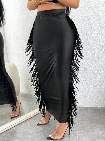 SXY Fringe Trim PU Leather Pencil Skirt SXY Fringe Trim PU Leather Pencil Skirt