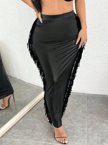 SXY Fringe Trim PU Leather Pencil Skirt SXY Fringe Trim PU Leather Pencil Skirt