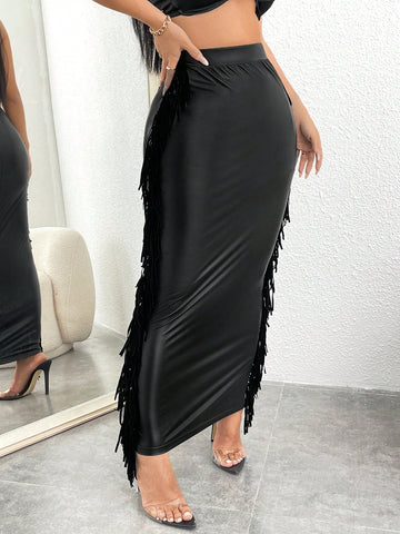 SXY Fringe Trim PU Leather Pencil Skirt SXY Fringe Trim PU Leather Pencil Skirt