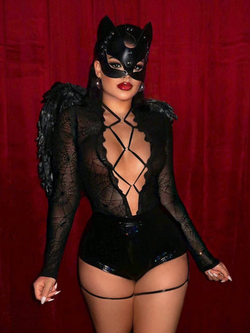 Halloween Black Spiderweb See-Through Lace-Up Bodysuithalloween Clothes Halloween Black Spiderweb See-Through Lace-Up Bodysuithalloween Clothes