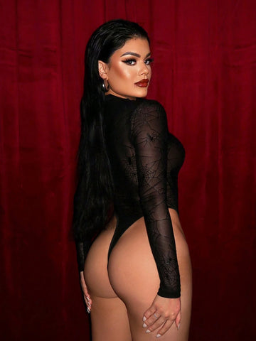 Halloween Black Spiderweb See-Through Lace-Up Bodysuithalloween Clothes Halloween Black Spiderweb See-Through Lace-Up Bodysuithalloween Clothes