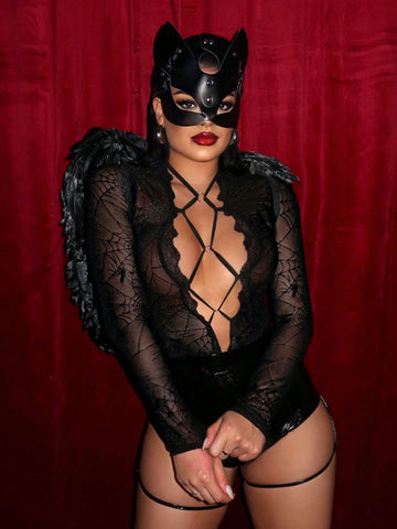 Halloween Black Spiderweb See-Through Lace-Up Bodysuithalloween Clothes Halloween Black Spiderweb See-Through Lace-Up Bodysuithalloween Clothes